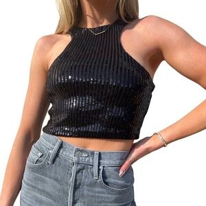 RETROFETE Audra Sequined Sleeveless Crop Top